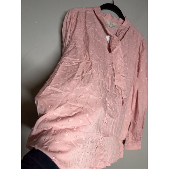 LOFT pusseybow neck line Swiss dot textured bundle of two blouses pink & maroon - Picture 12 of 14